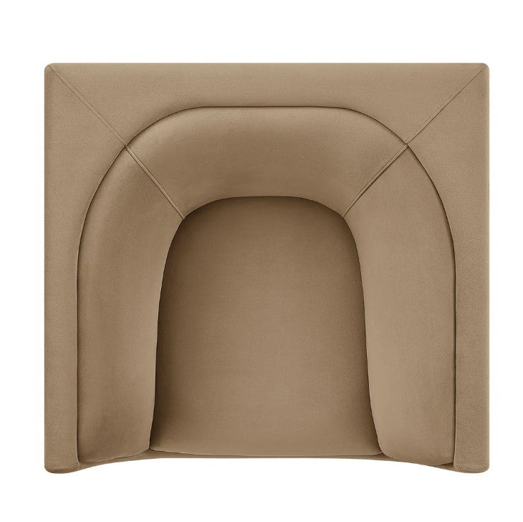 Natalia Taupe Velvet Fabric Chair Beige armchair in a room with a large window view of greenery