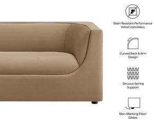 Natalia Taupe Velvet Fabric Loveseat Beige sofa with text highlighting features on a white background