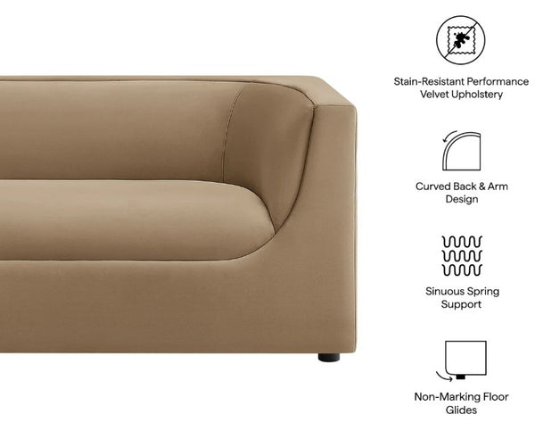 Natalia Taupe Velvet Fabric Loveseat Beige sofa with text highlighting features on a white background
