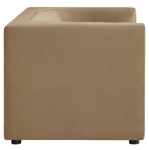 Natalia Taupe Velvet Fabric Loveseat Brown upholstered cube chair on a white background