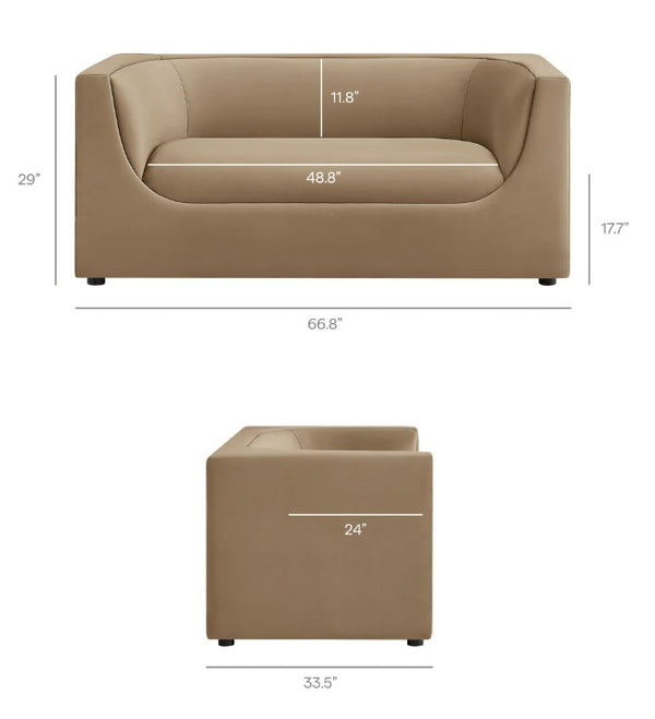 Natalia Taupe Velvet Fabric Loveseat Beige sofa with dimensions labeled on a white background