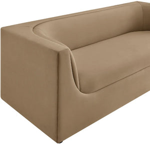Natalia Taupe Velvet Fabric Sofa Beige sofa on a white background
