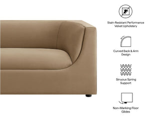 Natalia Taupe Velvet Fabric Sofa Beige sofa with text highlighting features on a white background