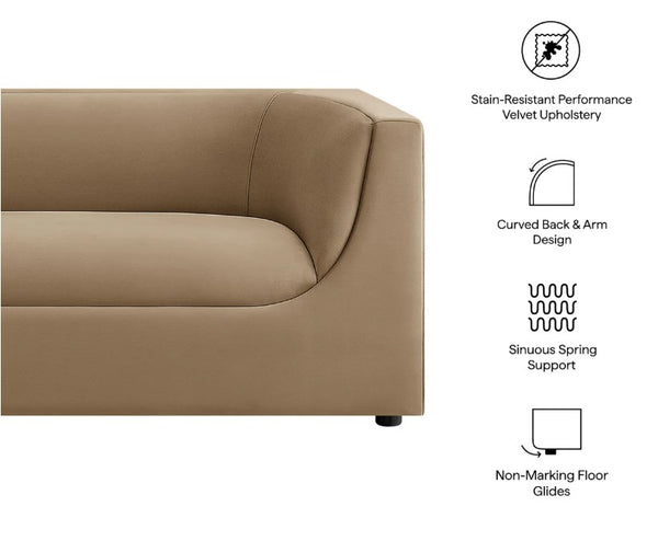 Natalia Taupe Velvet Fabric Sofa Beige sofa with text highlighting features on a white background