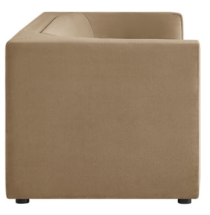 Natalia Taupe Velvet Fabric Sofa Beige cube-shaped sofa on a white background