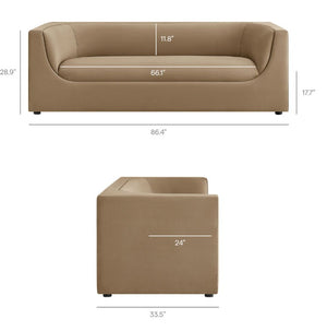 Natalia Taupe Velvet Fabric Sofa Beige sofa with dimensions labeled on a white background