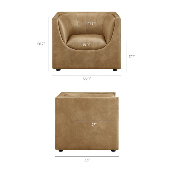 Natalia Toast Premium Vegan Leather Chair Brown leather armchair with dimensions on a white background