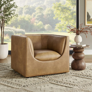 Natalia Toast Premium Vegan Leather Chair Brown leather armchair in a room with a window view of greenery