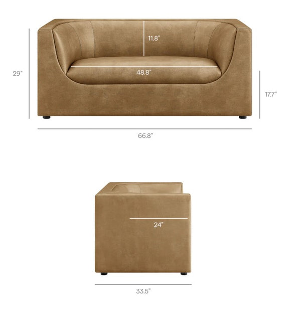 Natalia Toast Premium Vegan Leather Loveseat Brown leather sofa with dimensions on a white background