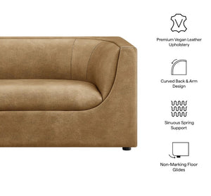 Natalia Toast Premium Vegan Leather Loveseat Brown sofa with features listed on the right