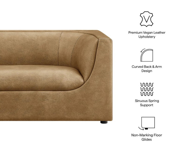 Natalia Toast Premium Vegan Leather Loveseat Brown sofa with features listed on the right