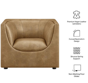 Natalia Toast Premium Vegan Leather Chair Brown armchair with features listed on a white background