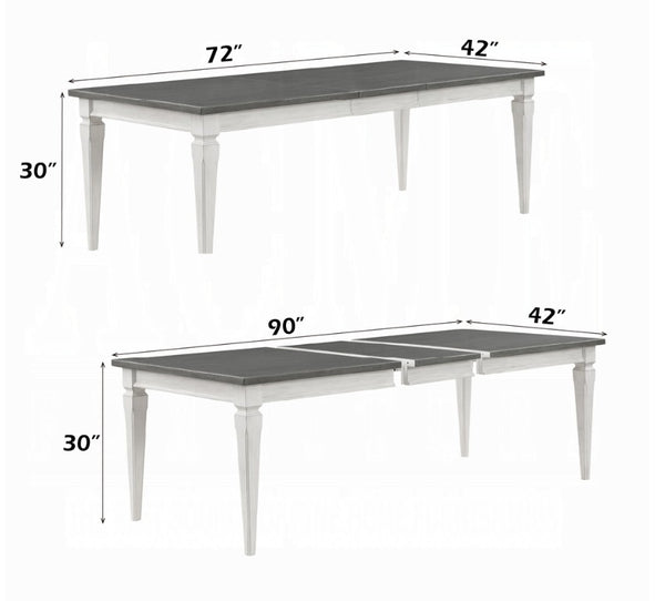 A white wooden dining table with a dark gray rectangular tabletop, shown in two configurations with dimension labels indicating 72 by 42 inches and 90 by 42 inches on a white background.