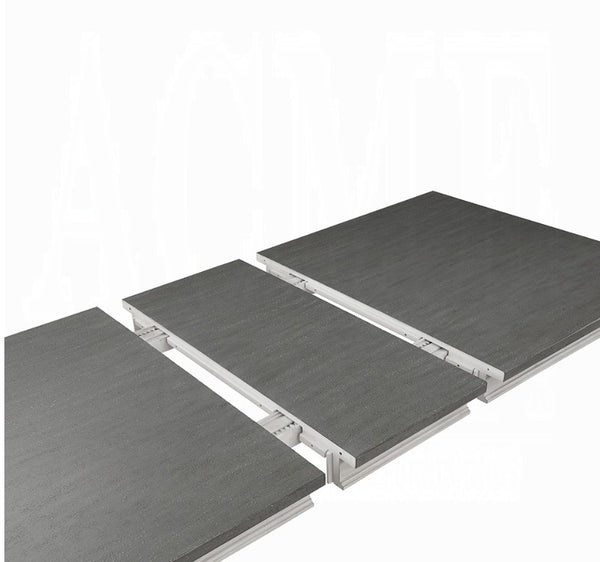 Three dark gray wood-look panel flooring pieces shown at an angle on a white background, revealing the silver metal mounting frames.