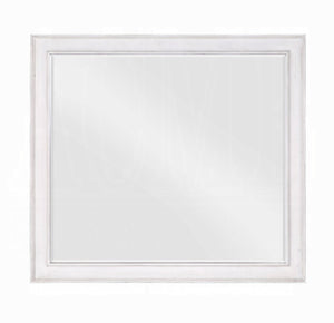 A square wall mirror with a wide, distressed white frame, shown against a plain white background.