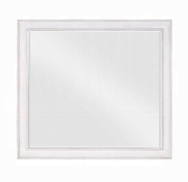 A square wall mirror with a wide, distressed white frame, shown against a plain white background.