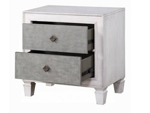 Natasha Two Tone Light Gray Nightstand A two-drawer nightstand with a distressed white painted frame and textured gray drawer fronts, shown with both top and bottom drawers pulled open against a plain white background.