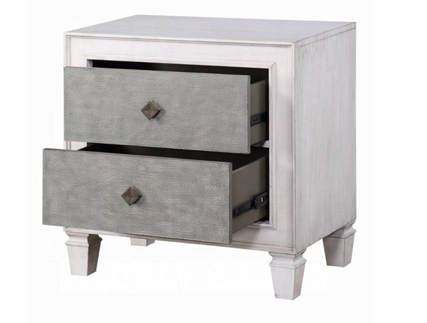Natasha Two Tone Light Gray Nightstand A two-drawer nightstand with a distressed white painted frame and textured gray drawer fronts, shown with both top and bottom drawers pulled open against a plain white background.