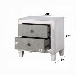 Natasha Two Tone Light Gray Nightstand A two-drawer nightstand with a distressed light gray wood finish and textured gray drawer fronts, shown with dimension lines and labels indicating its measurements (28" width, 28" height, 17" depth, drawer sizes).