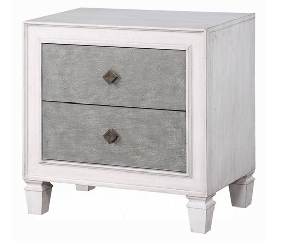 Natasha Two Tone Light Gray Nightstand A two-drawer nightstand with a distressed white painted frame and textured gray drawer fronts, featuring small turned legs and diamond-shaped metal pulls.