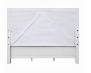 Natasha Upholstered Light Gray Linen Bedroom A white wooden headboard with a minimalist geometric design, featuring a triangular bridle pattern on the back panel and a lower horizontal rail, shown against a plain white background.