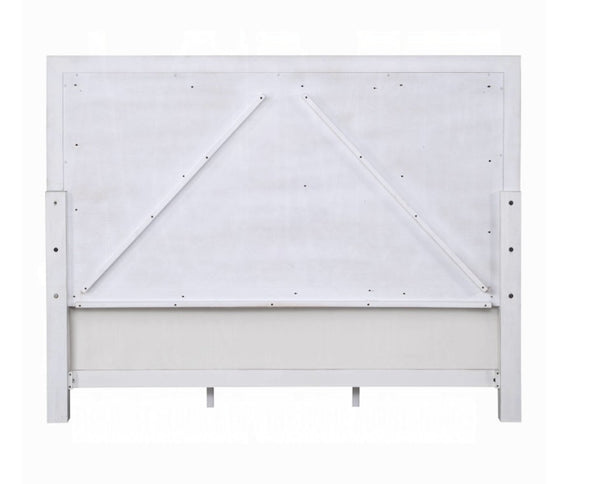Natasha Upholstered Light Gray Linen Bedroom A white wooden headboard with a minimalist geometric design, featuring a triangular bridle pattern on the back panel and a lower horizontal rail, shown against a plain white background.