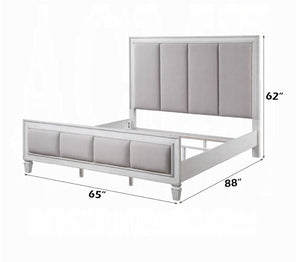 Natasha Upholstered Light Gray Linen Bedroom A light gray upholstered bed frame with a tall segmented headboard and matching footboard, shown on a white background with dimension labels indicating 65 inches width, 88 inches depth, and 62 inches height.