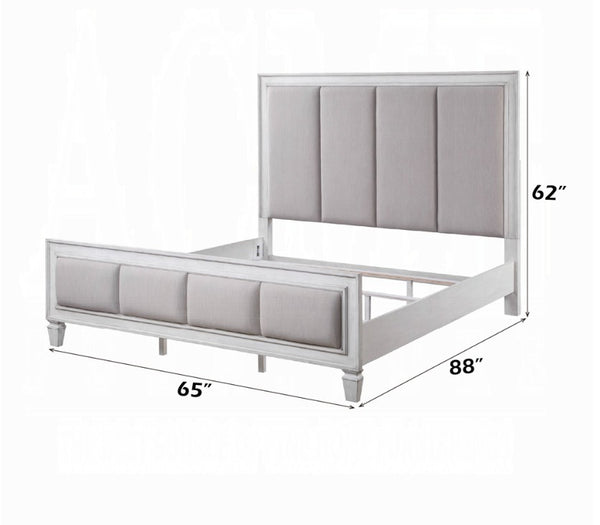Natasha Upholstered Light Gray Linen Bedroom A light gray upholstered bed frame with a tall segmented headboard and matching footboard, shown on a white background with dimension labels indicating 65 inches width, 88 inches depth, and 62 inches height.