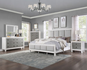 Natasha Upholstered Light Gray Linen Bedroom A bedroom furniture set in a staged room, featuring a white and gray upholstered bed frame, matching dresser, nightstand, and chest of drawers, with a gray rug and gray walls.