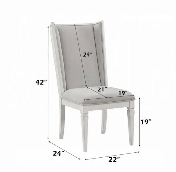 A dining chair with a tall wingback backrest and upholstered seat in a light gray fabric, shown with dimension callouts and arrows indicating height, width, and depth measurements on a white background.