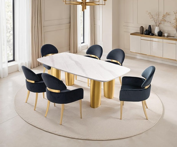 Nayem White Sintered Stone Dining Table - Matte Gold Finish Set