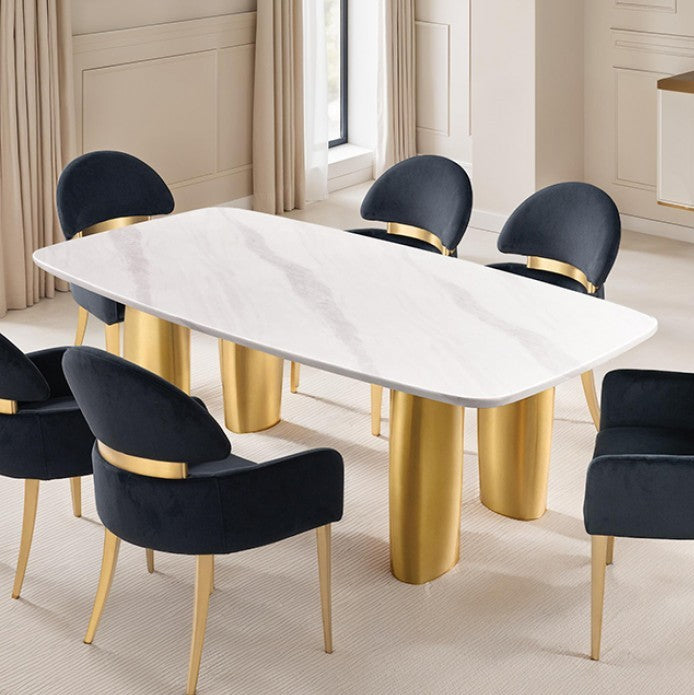 Nayem White Sintered Stone Dining Table - Matte Gold Finish