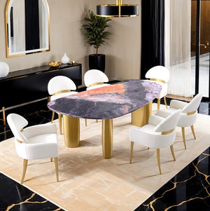 Naynem Dining Table Oval Sintered Stone Black Gray Gold Finish