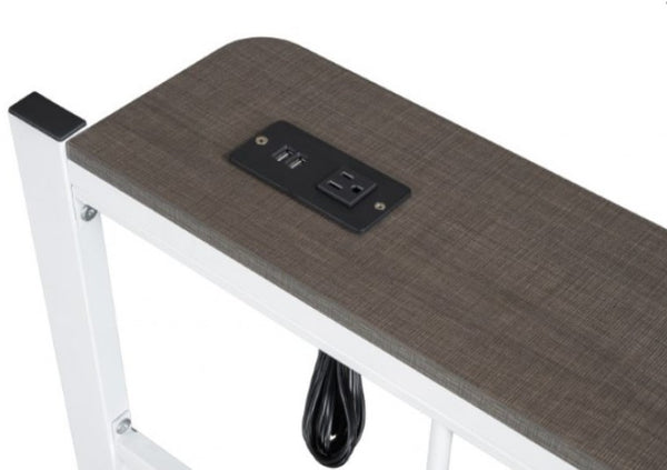 Nikoil Queen Storage Metal Bed White Finish Gray bench with power outlet on a white background