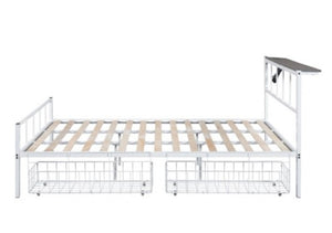 Nikoil Queen Storage Metal Bed White Finish Metal bed frame with wooden slats on a white background