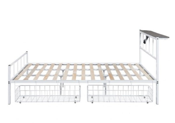 Nikoil Queen Storage Metal Bed White Finish Metal bed frame with wooden slats on a white background
