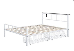 Nikoil Queen Storage Metal Bed White Finish White metal bed frame with wooden slats on a white background