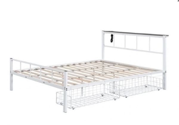 Nikoil Queen Storage Metal Bed White Finish White metal bed frame with wooden slats on a white background