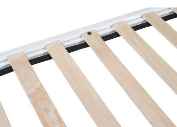 Nikoil Queen Storage Metal Bed White Finish Wooden slats on a metal bed frame with a white background
