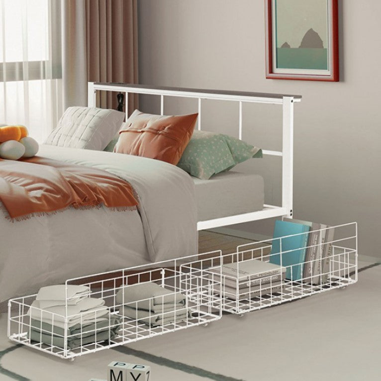 Nikoil Queen Storage Metal Bed White Finish Modern bedroom with a white metal bed, colorful bedding, and decorative items.