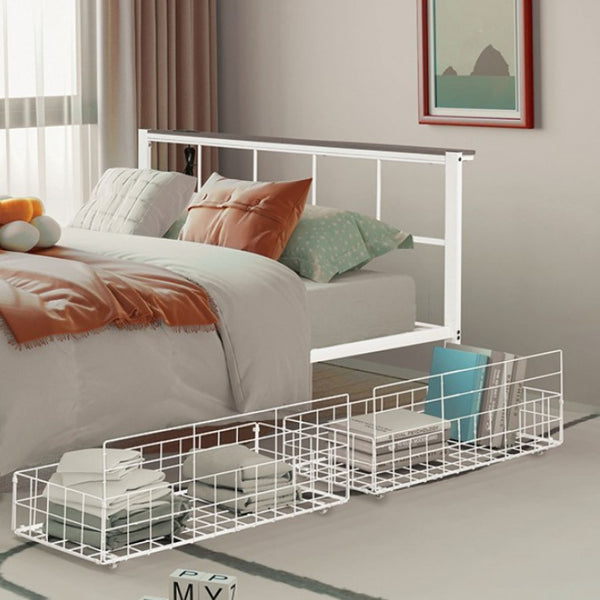 Nikoil Queen Storage Metal Bed White Finish White metal headboard with two wire baskets below in a bedroom setting.
