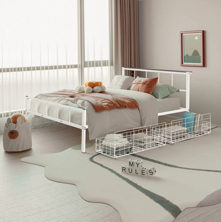 Nikoil Queen Storage Metal Bed White Finish Modern bedroom with a white metal bed, colorful bedding, and decorative items.