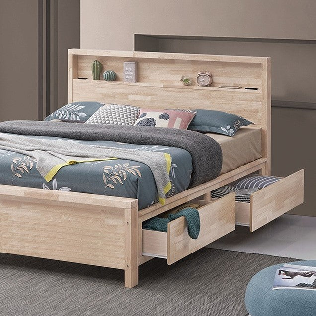Nobile Bookshelf Headboard Storage Bed White Wash Wooden bed with storage drawers in a modern bedroom setting