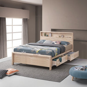 Nobile Bookshelf Headboard Storage Bed White Wash Wooden bed with storage drawers in a modern bedroom setting