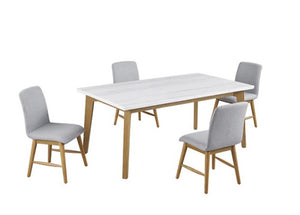 Nolan Genuine Marble Top Rectangular Dining Table Dining table set with four gray chairs on a white background