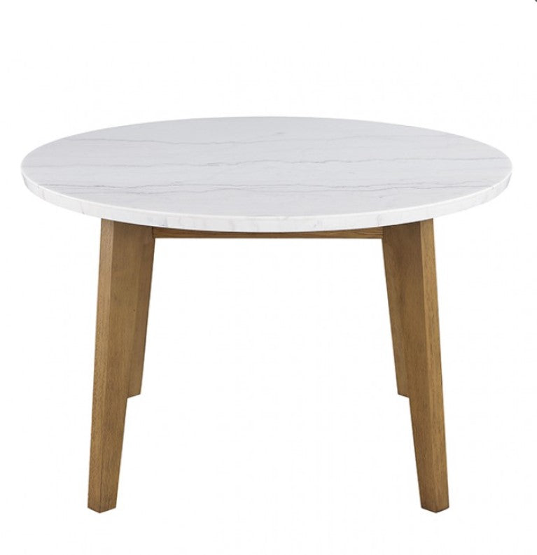 Nolan Genuine Marble Top Round Dining Table Dining room with a round white table and gray chairs on a wooden floor.