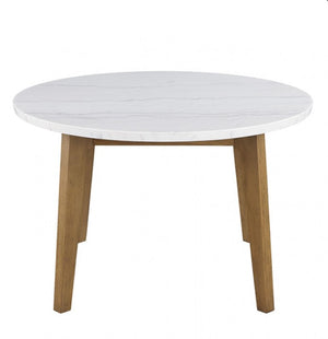 Nolan Genuine Marble Top Round Dining Table Round table with white marble-like top and wooden legs on a white background