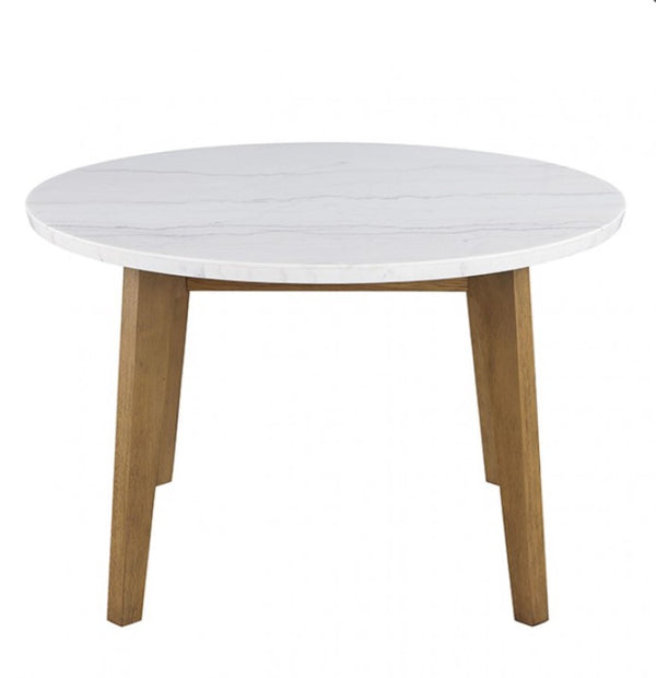 Nolan Genuine Marble Top Round Dining Table Round table with white marble-like top and wooden legs on a white background