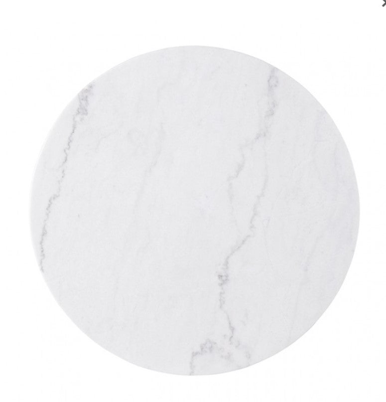 Nolan Genuine Marble Top Round Dining Table Dining room with a round white table and gray chairs on a wooden floor.