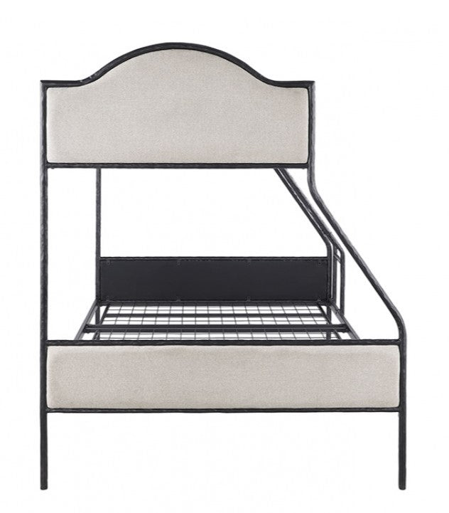 Norama Twin Full Bunkbed Black Bunk bed with gray bedding in a room with light-colored walls and a window.